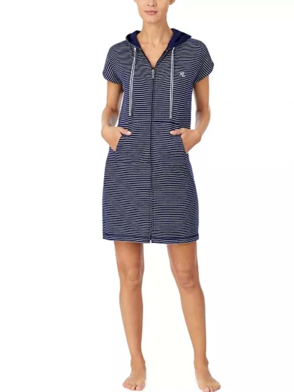 Lauren Ralph Lauren Navy and White Striped Hooded Zip Swim Cover-Up (J)
